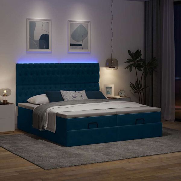 vidaXL Ottoman-Bett mit Matratzen & LEDs Dunkelblau 180x200 cm Samt