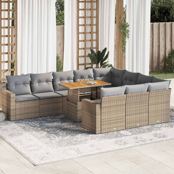 vidaXL 11-tlg. Garten-Sofagarnitur mit Kissen Beige Poly Rattan