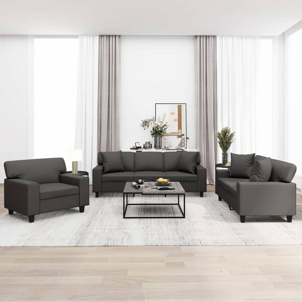 vidaXL 3-tlg. Sofagarnitur mit Kissen Grau Kunstleder