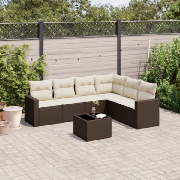 vidaXL 7-tlg. Garten-Sofagarnitur mit Kissen Braun Poly Rattan