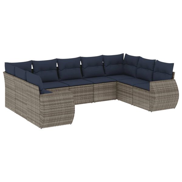 vidaXL 9-teiliges Gartensofa-Set mit Kissen, grau, Polyrattan