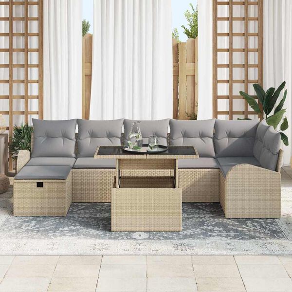 vidaXL Garten-Sofa-Set mit Kissen mit Speicher 8 pcs Beige Poly Rattan