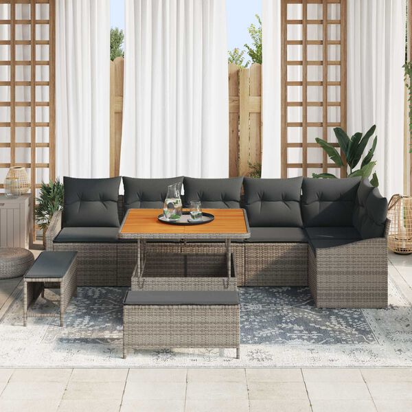 vidaXL Gartensofa-set mit Kissen 9 pcs Grau Poly-Rattan