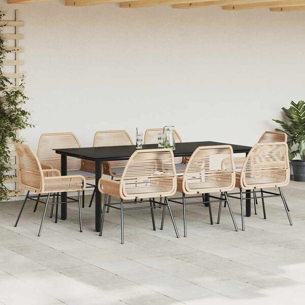 vidaXL 9-tlg. Garten-Essgruppe mit Kissen Braun Poly Rattan Glas