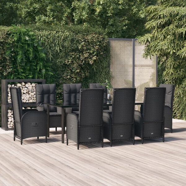 vidaXL 9-tlg. Garten-Essgruppe mit Kissen Schwarz Poly Rattan