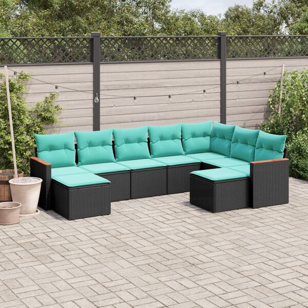 vidaXL 9-teiliges Gartensofa-Set mit Kissen, schwarzes Polyrattan