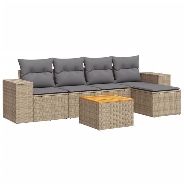 vidaXL 6-tlg. Garten-Sofagarnitur mit Kissen Beige Poly Rattan
