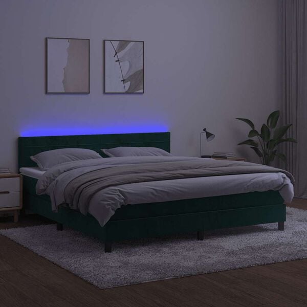 vidaXL Boxspringbett mit Matratze & LED Dunkelgr&uuml;n 160x200 cm Samt