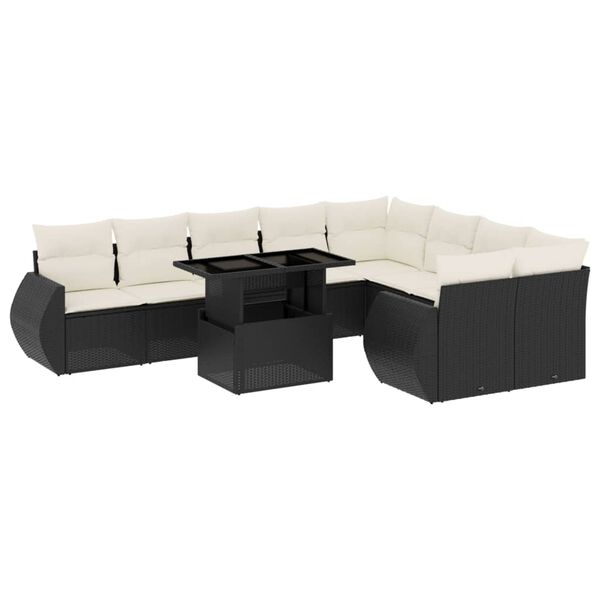 vidaXL 10-tlg. Garten-Sofagarnitur mit Kissen Schwarz Poly Rattan