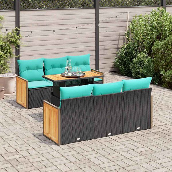 vidaXL 7-tlg. Garten-Sofagarnitur mit Kissen Schwarz Poly Rattan
