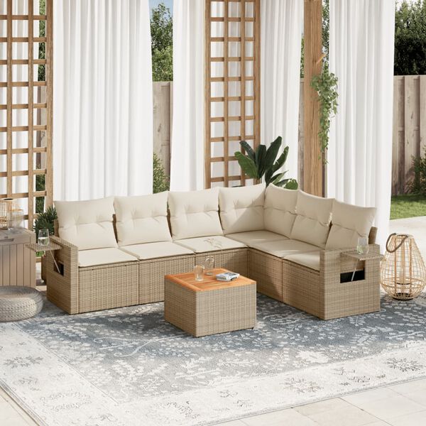vidaXL 7-tlg. Garten-Sofagarnitur mit Kissen Beige Poly Rattan