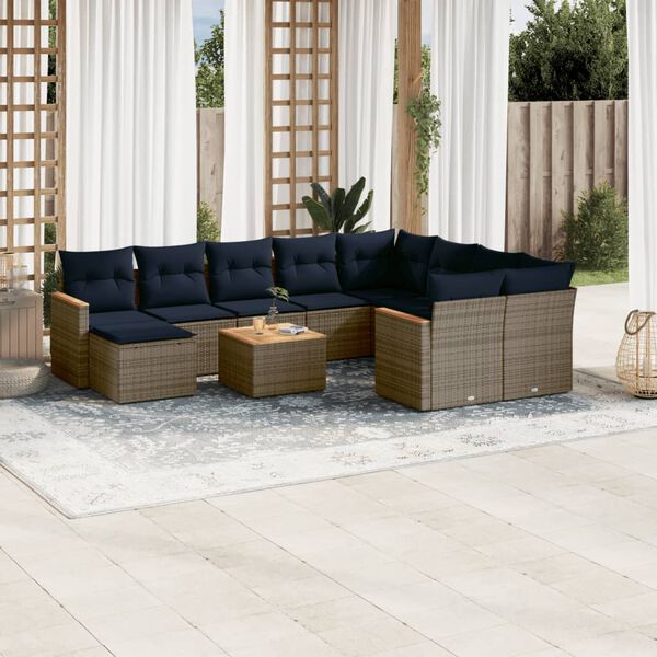 vidaXL 11-teiliges Gartensofa-Set mit Kissen, grau, Polyrattan