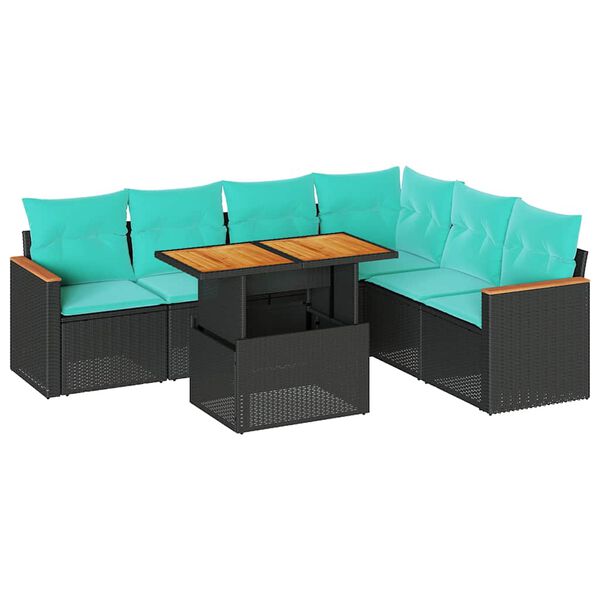 vidaXL 7-tlg. Garten-Sofagarnitur mit Kissen Schwarz Poly Rattan