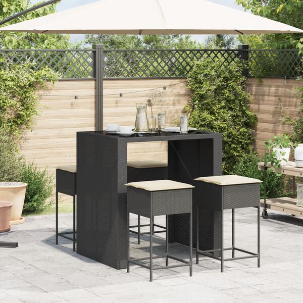 vidaXL 5-tlg. Gartenbar-Set mit Kissen Schwarz Poly Rattan