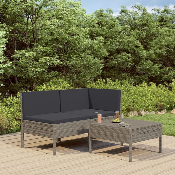 vidaXL 3-tlg. Garten-Lounge-Set mit Auflagen Poly Rattan Grau