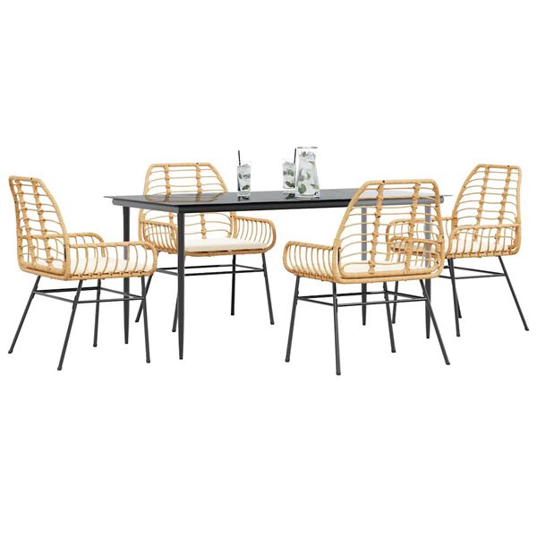 vidaXL 5-tlg. Garten-Essgruppe mit Kissen Braun Poly Rattan Glas