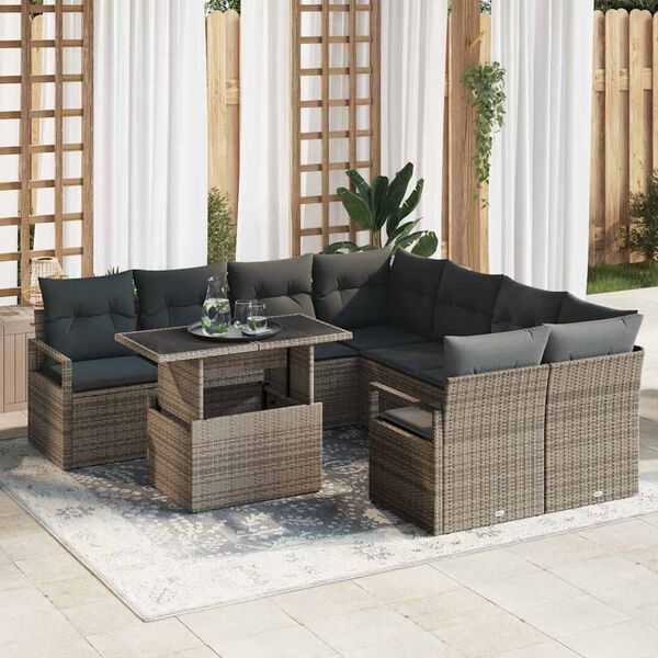 vidaXL Gartensofa-set mit Kissen mit Speicher 9 pcs Grau Poly Rattan