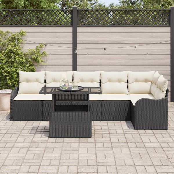 vidaXL Garten-Sofa-Set mit Kissen mit Kissen 7 pcs Schwarz Poly Rattan