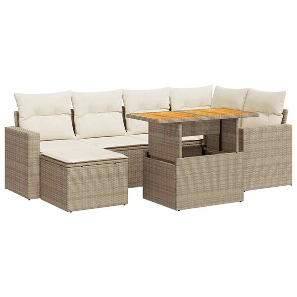 vidaXL 7-tlg. Garten-Sofagarnitur mit Kissen Beige Poly Rattan