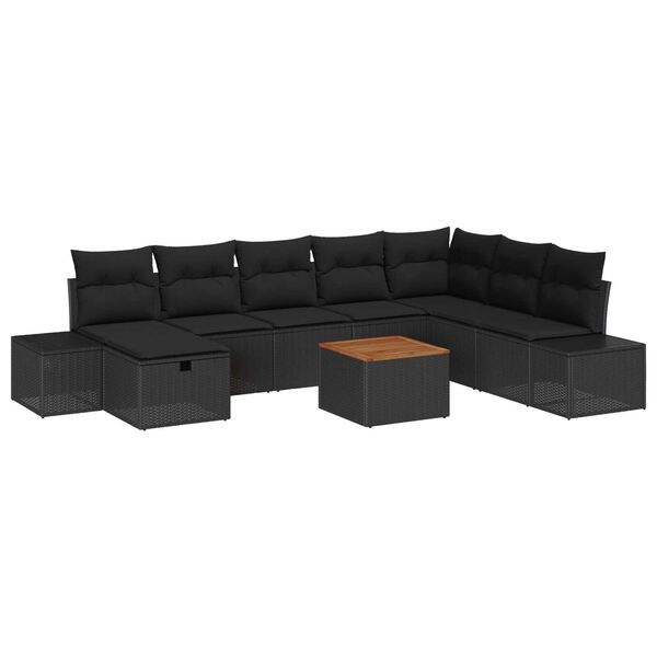 vidaXL Garten-Sofa-Set mit Kissen 9 pcs Schwarz Poly Rattan
