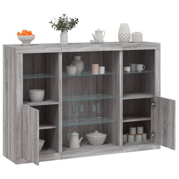 vidaXL Sideboards mit LED-Leuchten 3 Stk. Grau Sonoma Holzwerkstoff