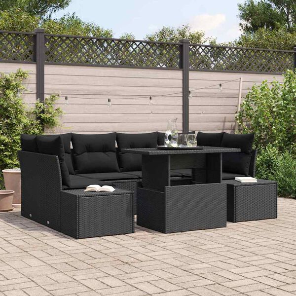 vidaXL Sofa Set mit Kissen 7 pcs Schwarz Poly-Rattan