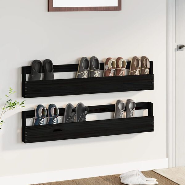vidaXL Wand-Schuhregale 2 Stk. Schwarz 110x9x23 cm Massivholz Kiefer