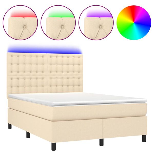 vidaXL Boxspringbett mit Matratze & LED Creme 140x190 cm Stoff