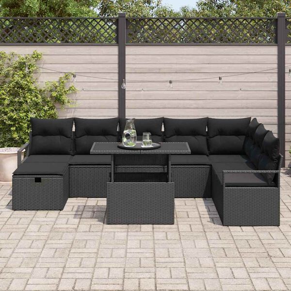 vidaXL Garten-Sofa-Set mit Kissen 9 pcs Schwarz Poly Rattan
