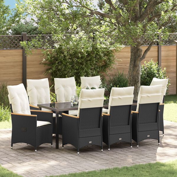 vidaXL Garten Essgruppe mit Kissen 9 pcs Schwarz Poly-Rattan