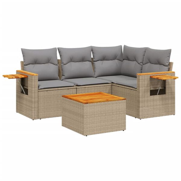 vidaXL 5-tlg. Garten-Sofagarnitur mit Kissen Beige Poly Rattan