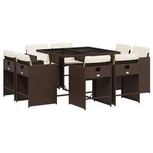 vidaXL 9-tlg. Garten-Essgruppe mit Kissen Braun Poly Rattan