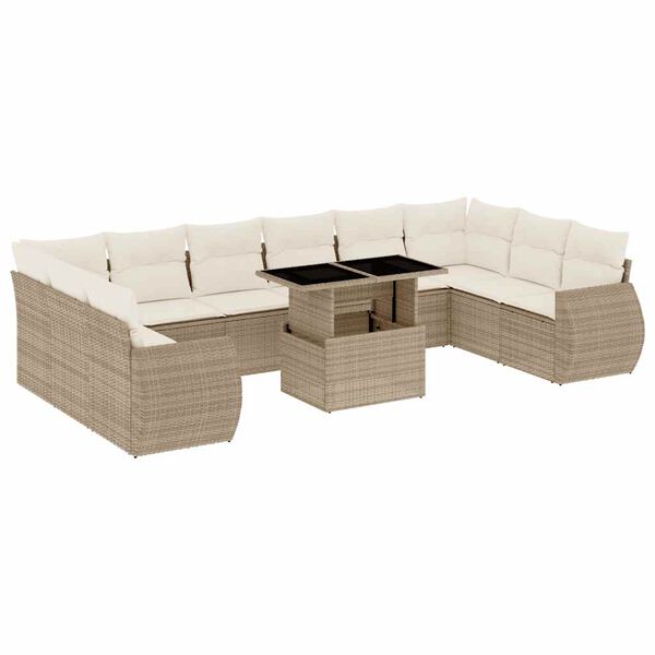 vidaXL 11-tlg. Garten-Sofagarnitur mit Kissen Beige Poly Rattan