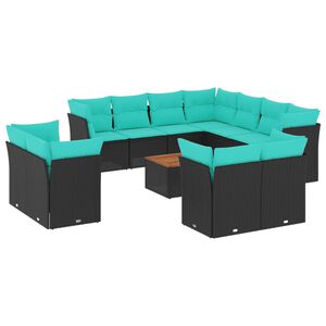 vidaXL 12-tlg. Garten-Sofagarnitur mit Kissen Schwarz Poly Rattan