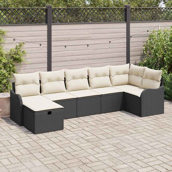 vidaXL Sofa Set mit Kissen mit Speicher Schwarz und Creme Poly-Rattan