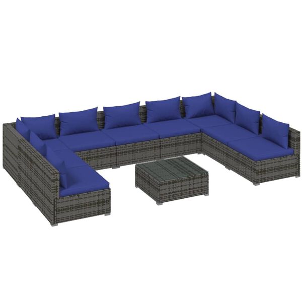vidaXL 10-tlg. Garten-Lounge-Set mit Kissen Poly Rattan Grau