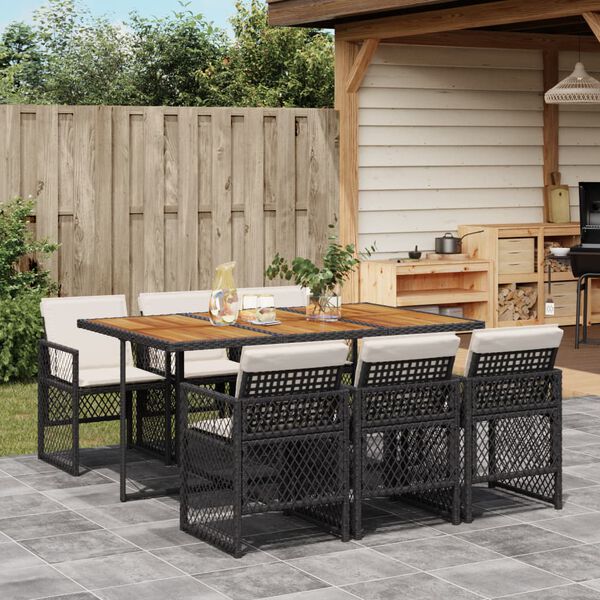 vidaXL 7-tlg. Garten-Essgruppe mit Kissen Schwarz Poly Rattan