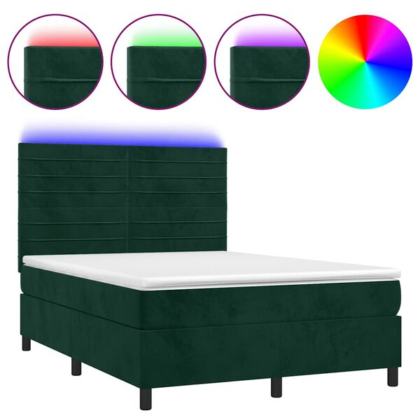 vidaXL Boxspringbett mit Matratze & LED Dunkelgr&uuml;n 140x190 cm Samt