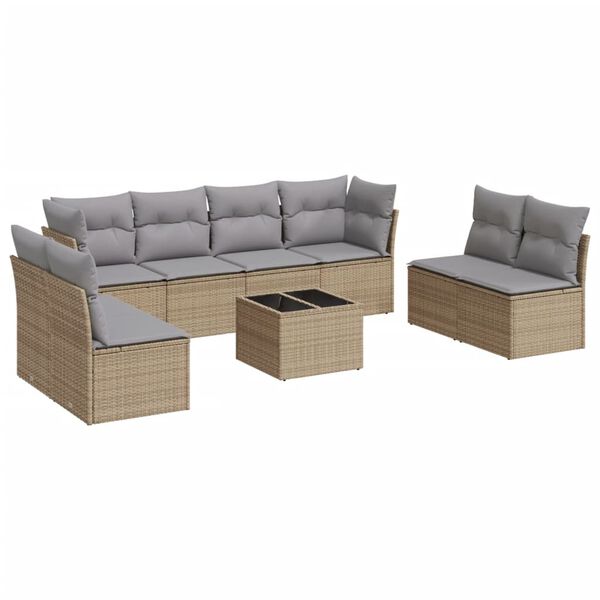 vidaXL 9-tlg. Garten-Sofagarnitur mit Kissen Beige Poly Rattan