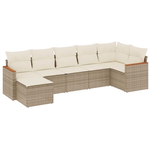 vidaXL 7-tlg. Garten-Sofagarnitur mit Kissen Beige Poly Rattan