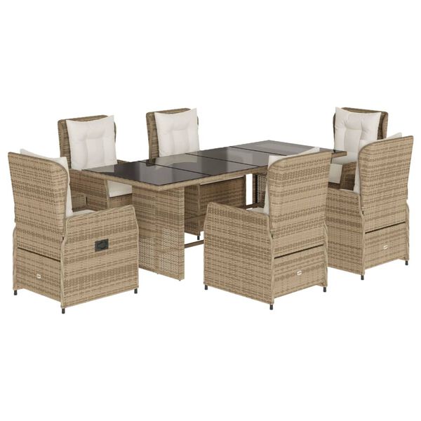 vidaXL 7-tlg. Garten-Essgruppe mit Kissen Beige Poly Rattan