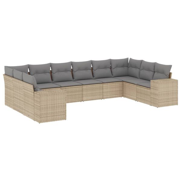 vidaXL 10-tlg. Garten-Sofagarnitur mit Kissen Beige Poly Rattan