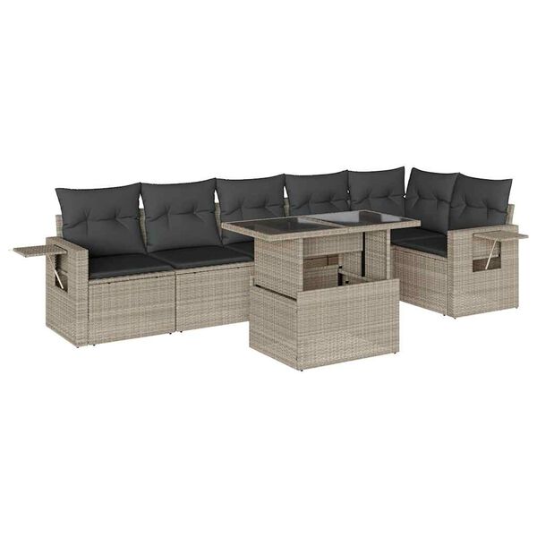vidaXL 7-tlg. Garten-Sofagarnitur mit Kissen Hellgrau Poly Rattan