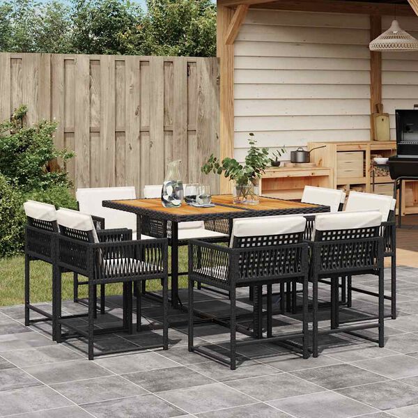 vidaXL 9-tlg. Garten-Essgruppe mit Kissen Schwarz Poly Rattan
