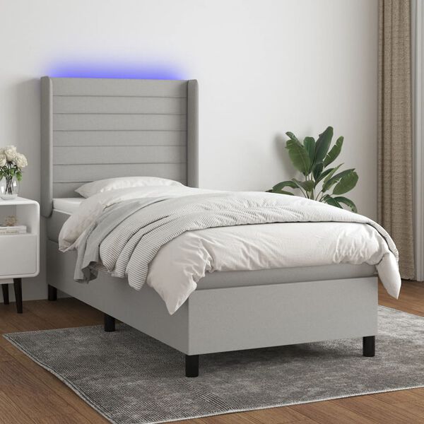 vidaXL Boxspringbett mit Matratze & LED Hellgrau 90x190 cm Stoff