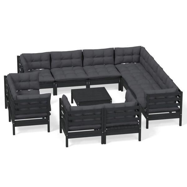 vidaXL 12-tlg. Garten-Lounge-Set mit Kissen Schwarz Massivholz Kiefer