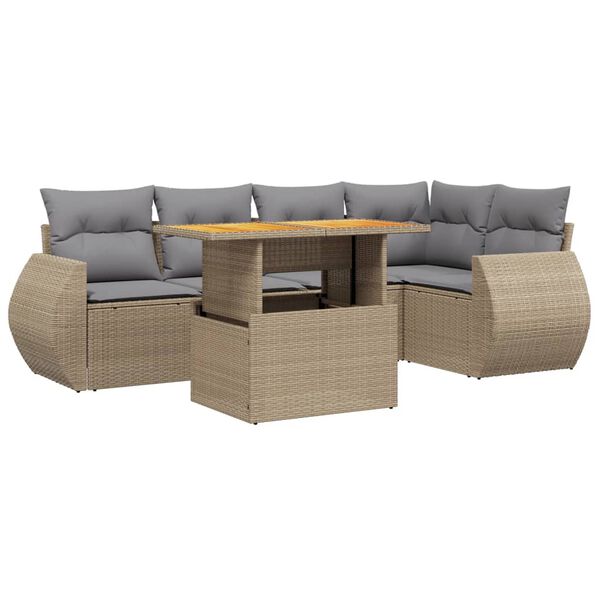 vidaXL 6-tlg. Garten-Sofagarnitur mit Kissen Beige Poly Rattan