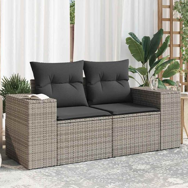 vidaXL Gartensofa 2-Sitzer mit Kissen Grau Poly Rattan