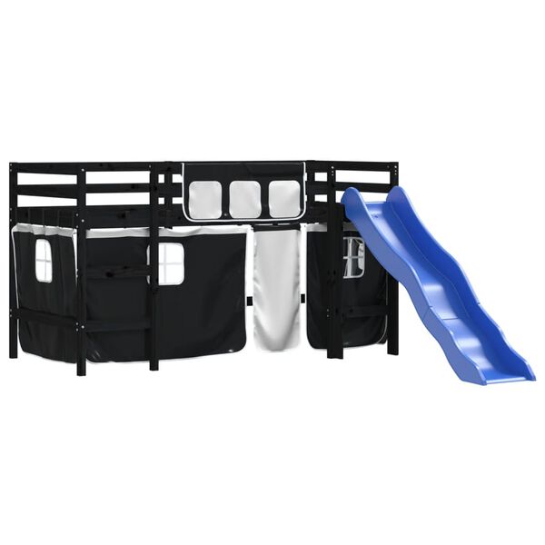 vidaXL Kinderhochbett mit Vorhängen Weiß und Schwarz Massivholz Kiefer