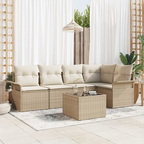 vidaXL Garten-Sofa-Set mit Kissen mit Speicher 6 pcs Beige Poly Rattan